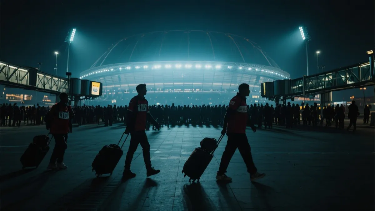 球迷在机场、火车站与球场之间移动的世界杯旅行叙事画面