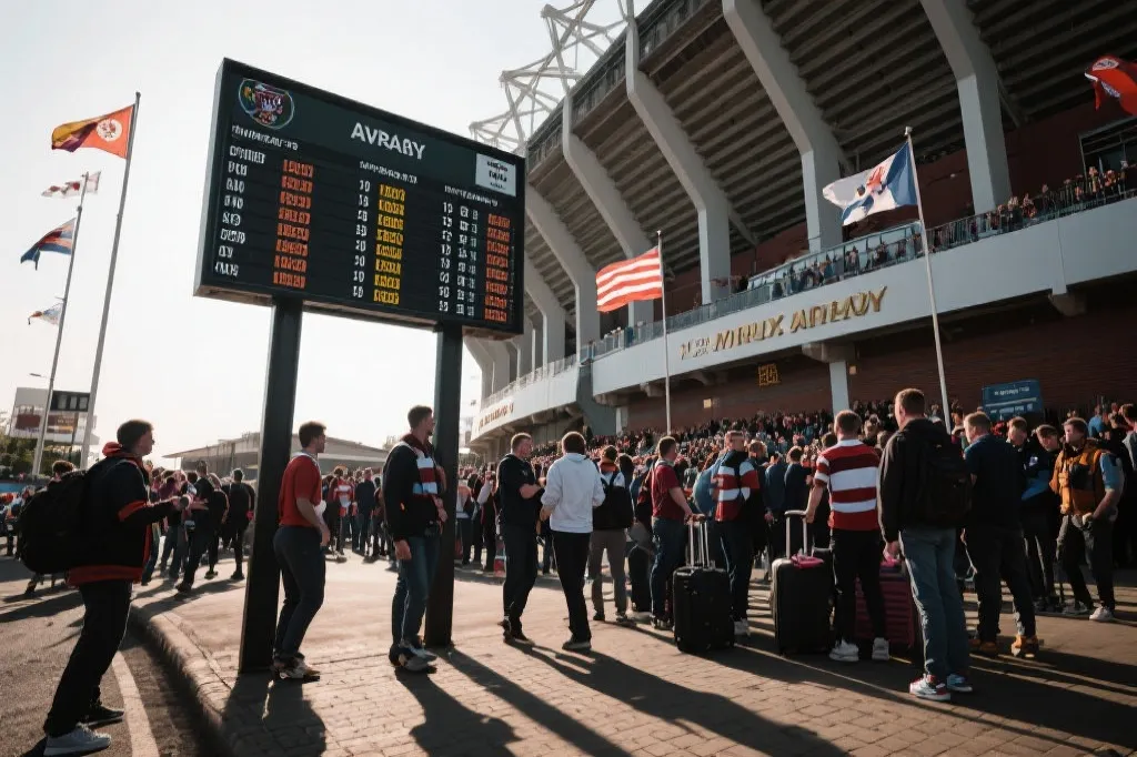 球场外远征球迷与主客场赛程信息板的画面